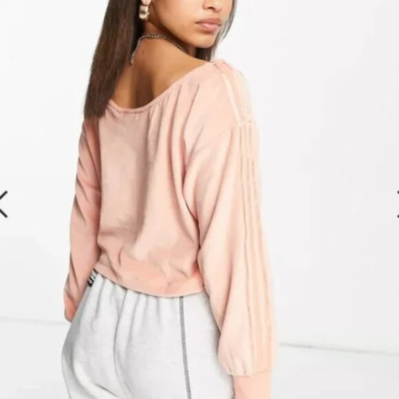 New ADIDAS Cotton Velvet off shoulder 3 strips top sweatshirt in Peach - Picture 3 of 5